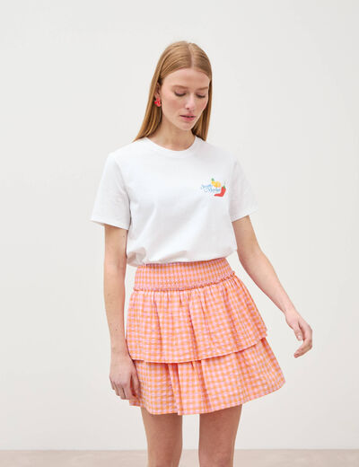 Jupe fluide &agrave; carreaux doubl&eacute;e orange abricot femme