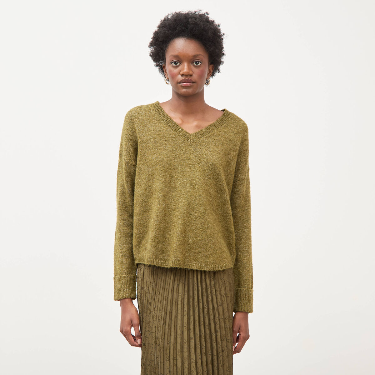 Pull droit col v manches longues vert kaki femme