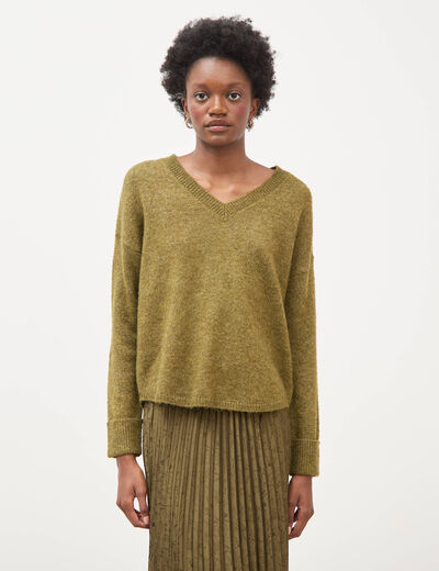 Pull droit col v manches longues vert kaki femme