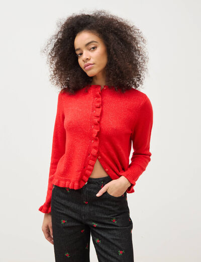 Gilet droit manches longues col rond rouge femme