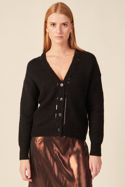 Gilet boutonné à sequins noir femme