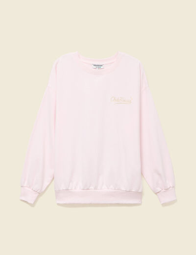 Sweat oversize manches longues brod&eacute; rose poudr&eacute;e femme