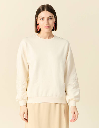 Sweat manches longues brodé ecru femme