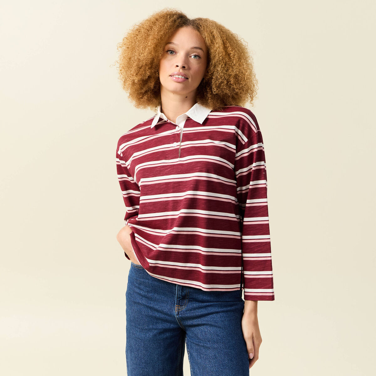 T-shirt droit manches longues en coton bordeaux femme