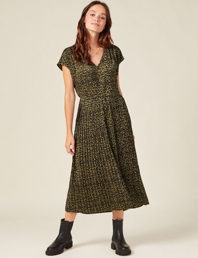 Robe midi évasée plissée satin vert kaki femme