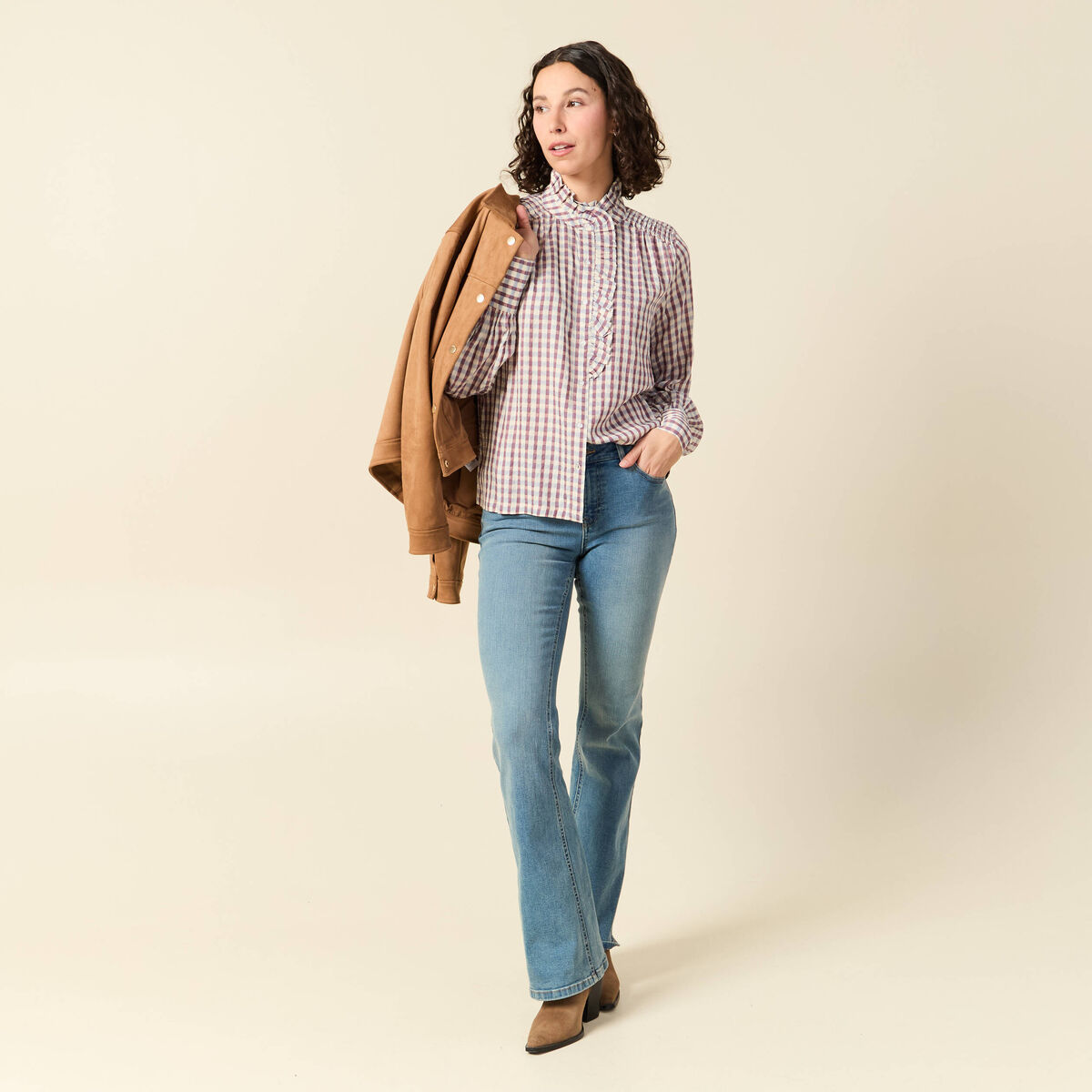 Chemise manches longues col montant marron cognac femme