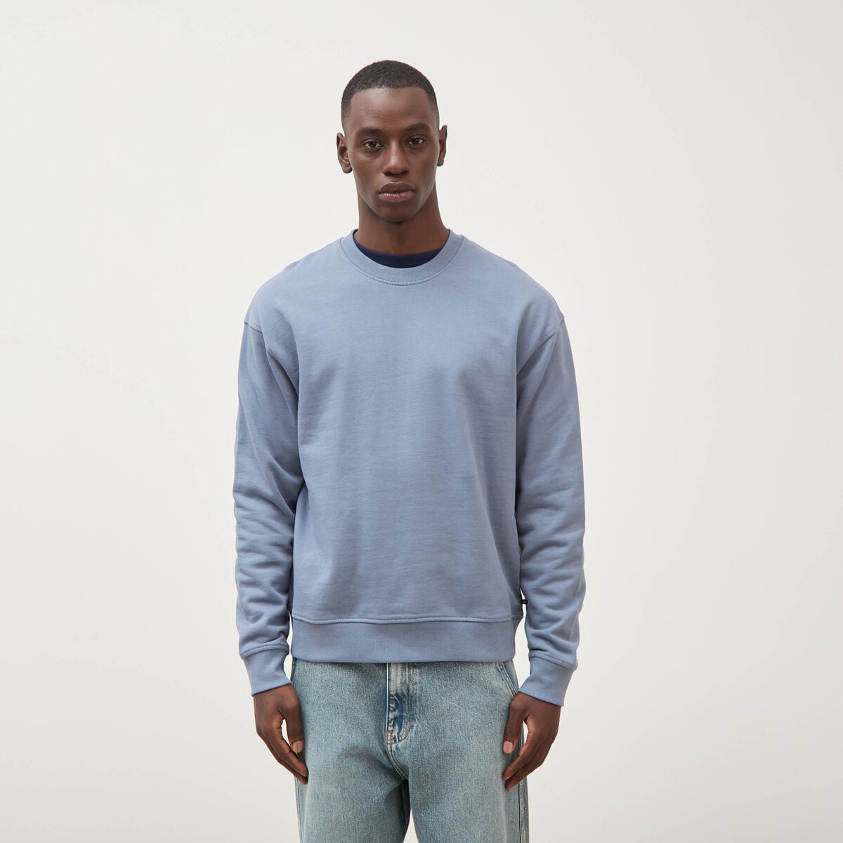 Sweat col rond manches longues en coton bleu gris homme
