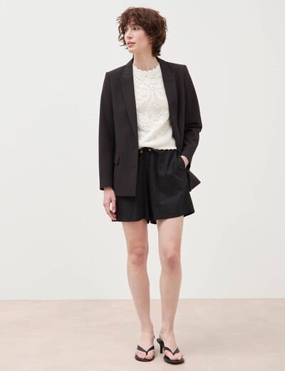 Pull ajour&eacute; droit court manches courtes creme femme