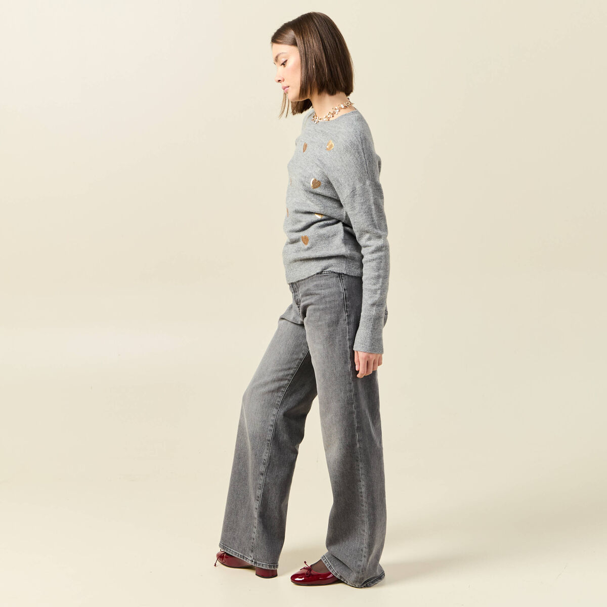 Pull manches longues sequins gris clair femme