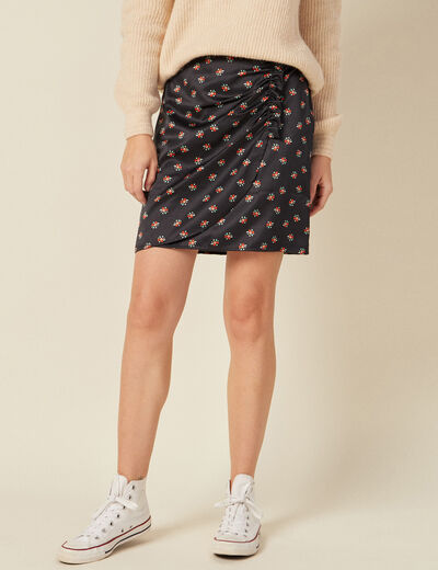 Jupe droite froncée satinée noir femme