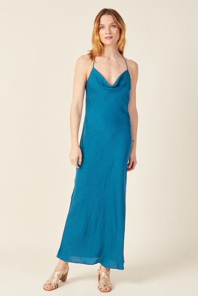 Robe longue droite à bretelles bleu pétrole femme