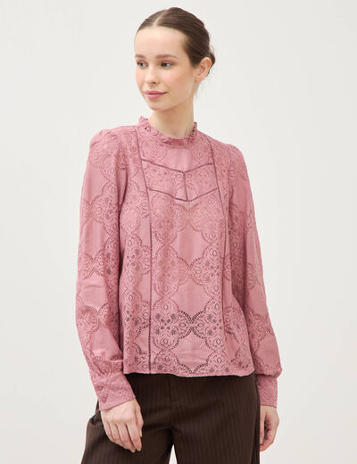 Blouse cintr&eacute;e dentelle manches longues vieux rose femme