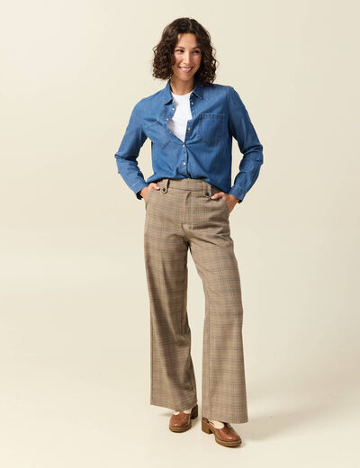 Pantalon large taille haute fluide beige fonce femme
