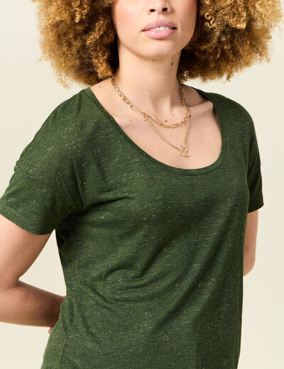 T-shirt manches courtes brillant vert kaki femme