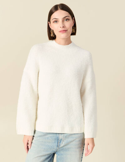 Pull manches longues col montant ivoire femme