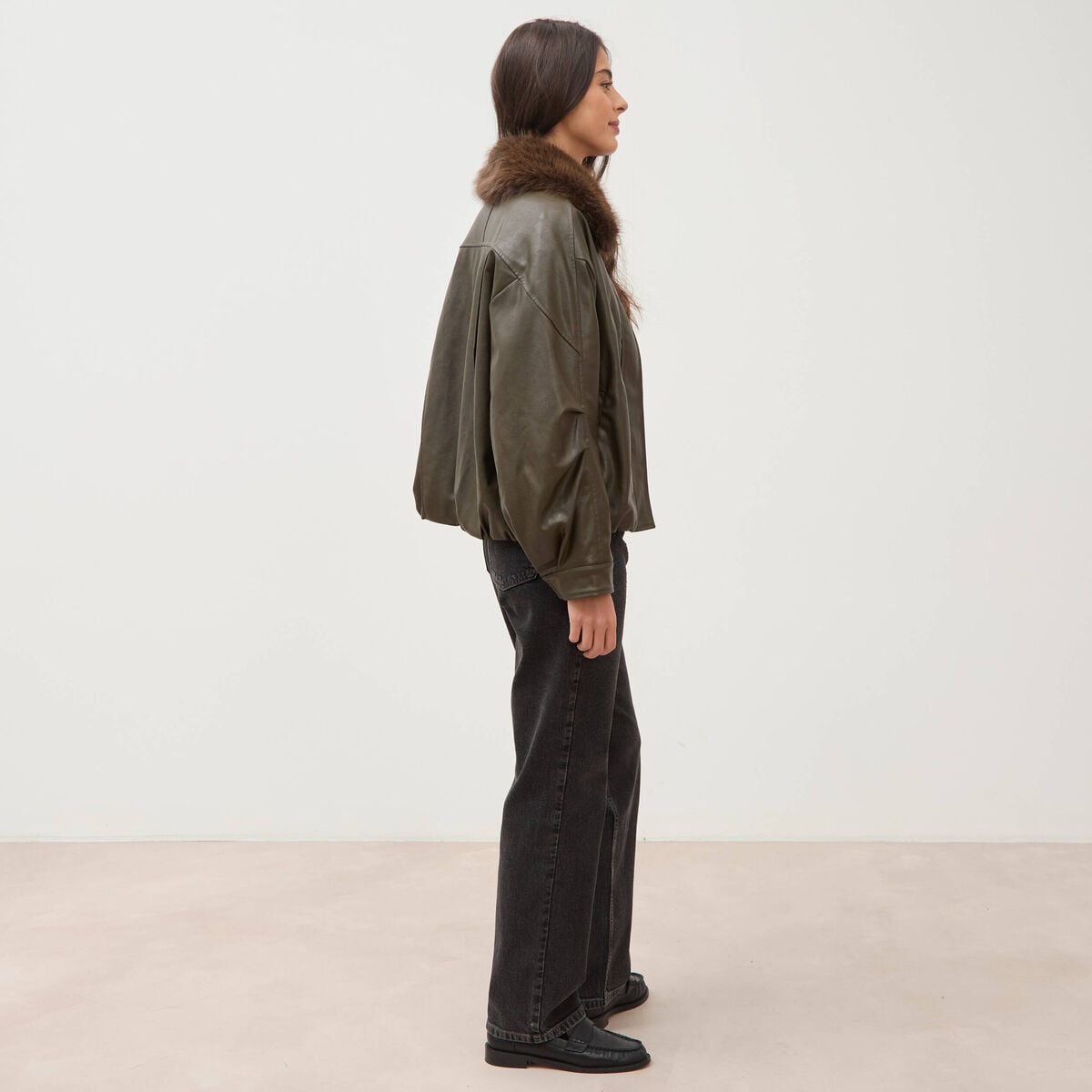 Blouson oversize manches longues vert olive femme
