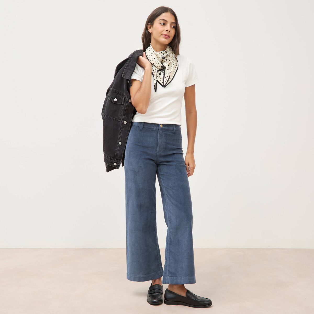 Pantalon large taille haute en velours gris femme
