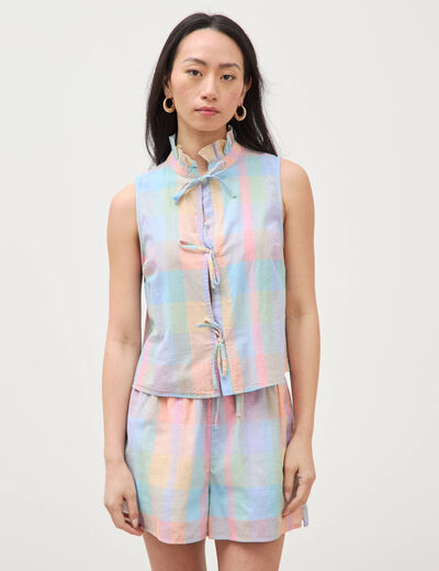 Top sans manches col montant en coton multicolore femme