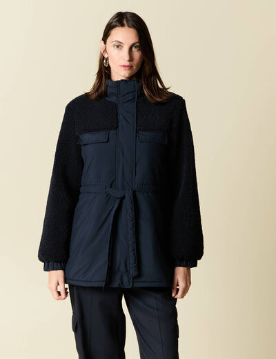 Manteau manches sherpa bleu marine femme