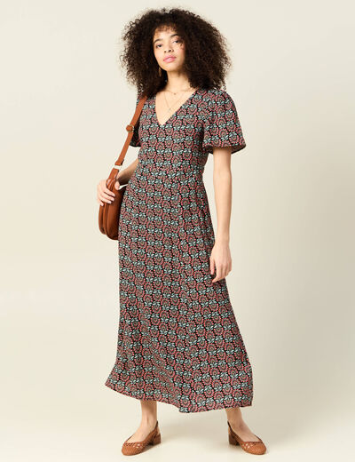Robe longue droite col v manches courtes noir femme