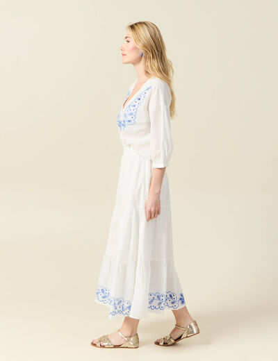 Jupe longue évasée brodée ecru femme