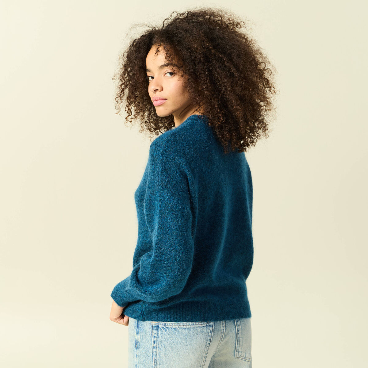 Pull col rond manches longues bleu canard femme