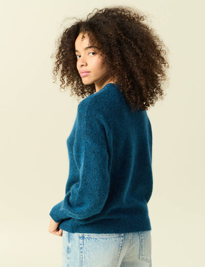 Pull col rond manches longues bleu canard femme