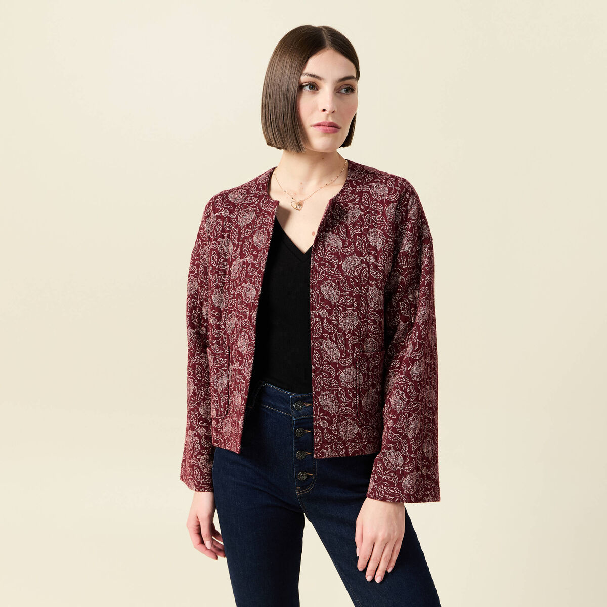 Gilet matelassé col rond rouge foncé femme