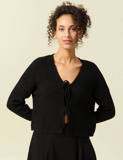 Gilet col V manches longues n&oelig;uds noir femme