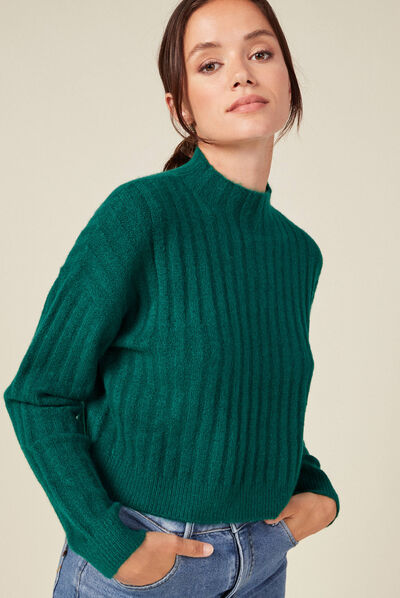 Pull manches longues cropped vert femme