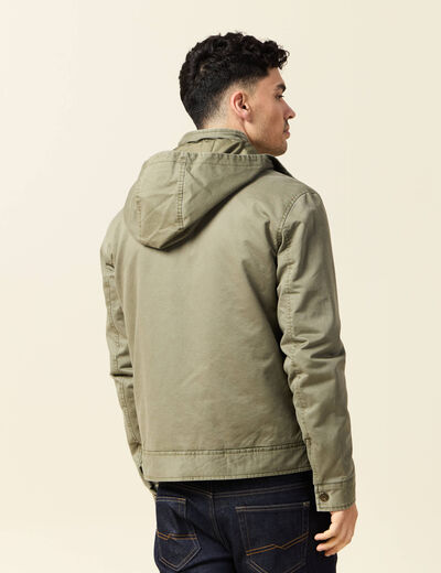 Blouson col montant à capuche vert kaki homme