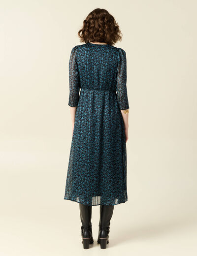 Robe longue évasée manches 3/4 bleu canard femme