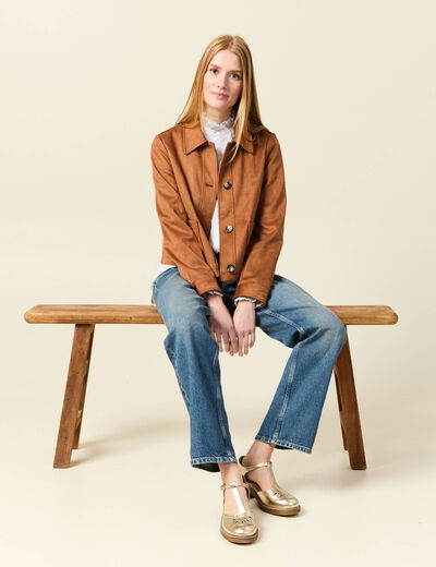 Veste manches longues col classique camel femme