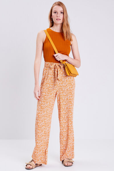 Pantalon large ceinturé jaune foncé femme