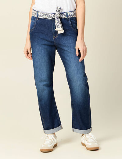 Jeans boyfriend ceinturé denim brut femme