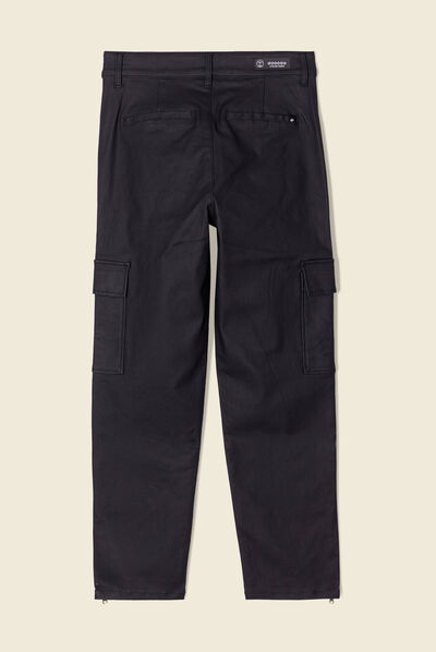 Jeans cargo 7/8ème enduit denim noir enduit femme