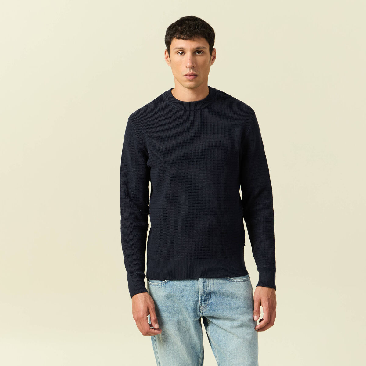 Pull col rond manches longues bleu marine homme