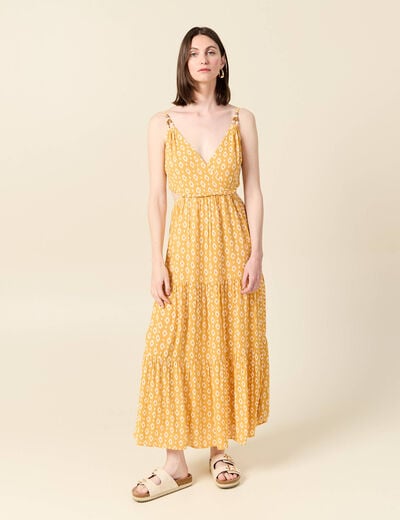 Robe longue évasée à perles jaune femme