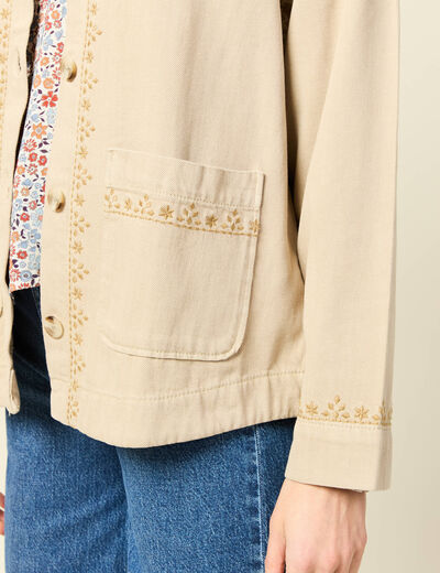 Blouson boutonn&eacute; brod&eacute; beige femme