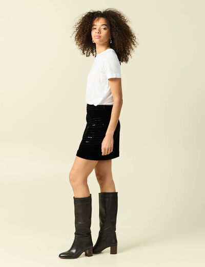 Jupe doubl&eacute;e broderie effet brillant noir femme