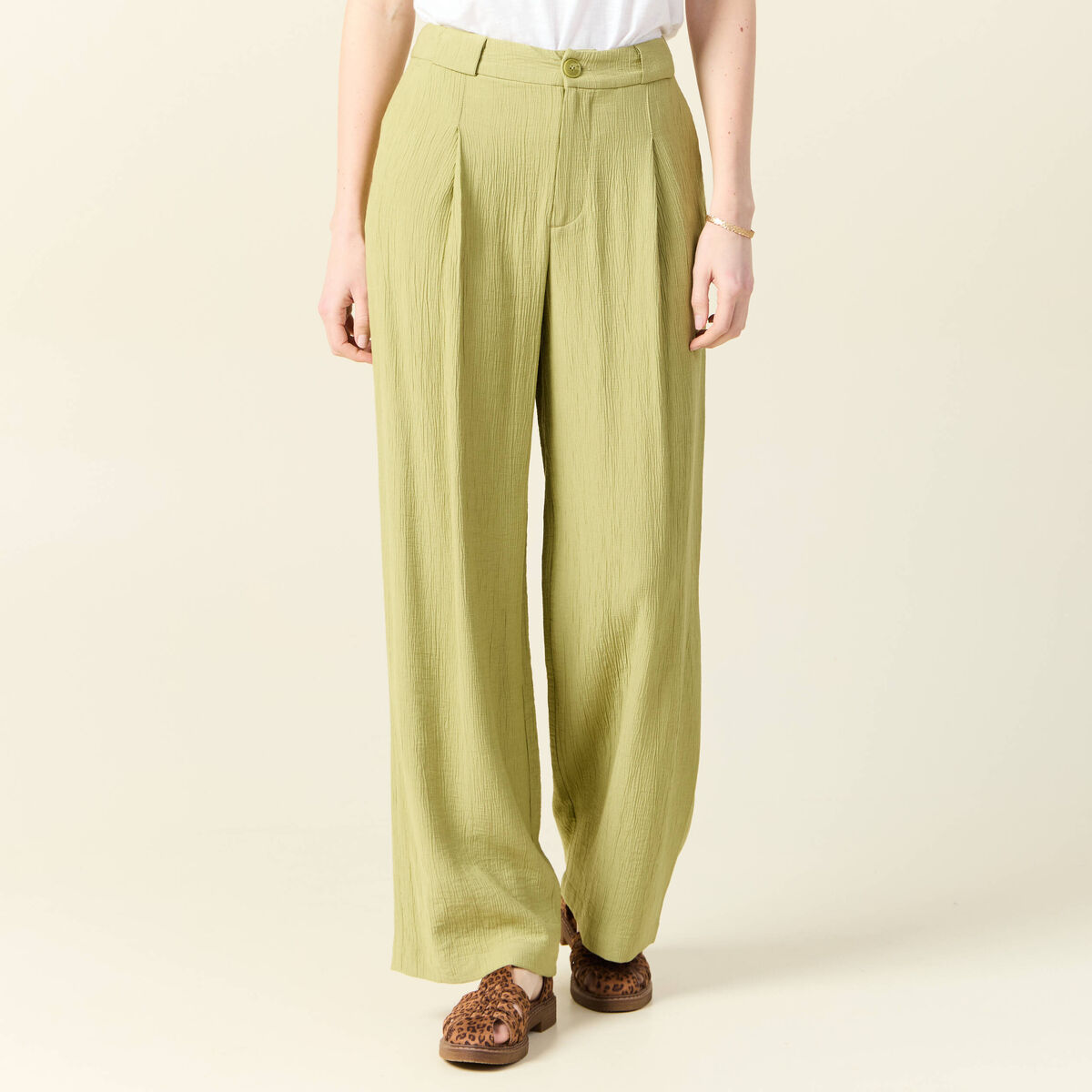 Pantalon large fluide vert olive femme