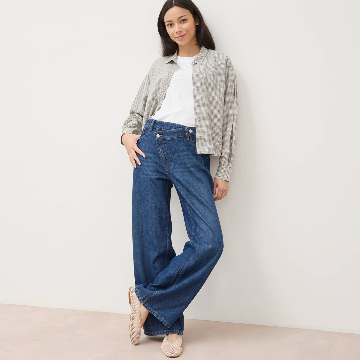 Jeans loose taille haute en coton denim stone femme