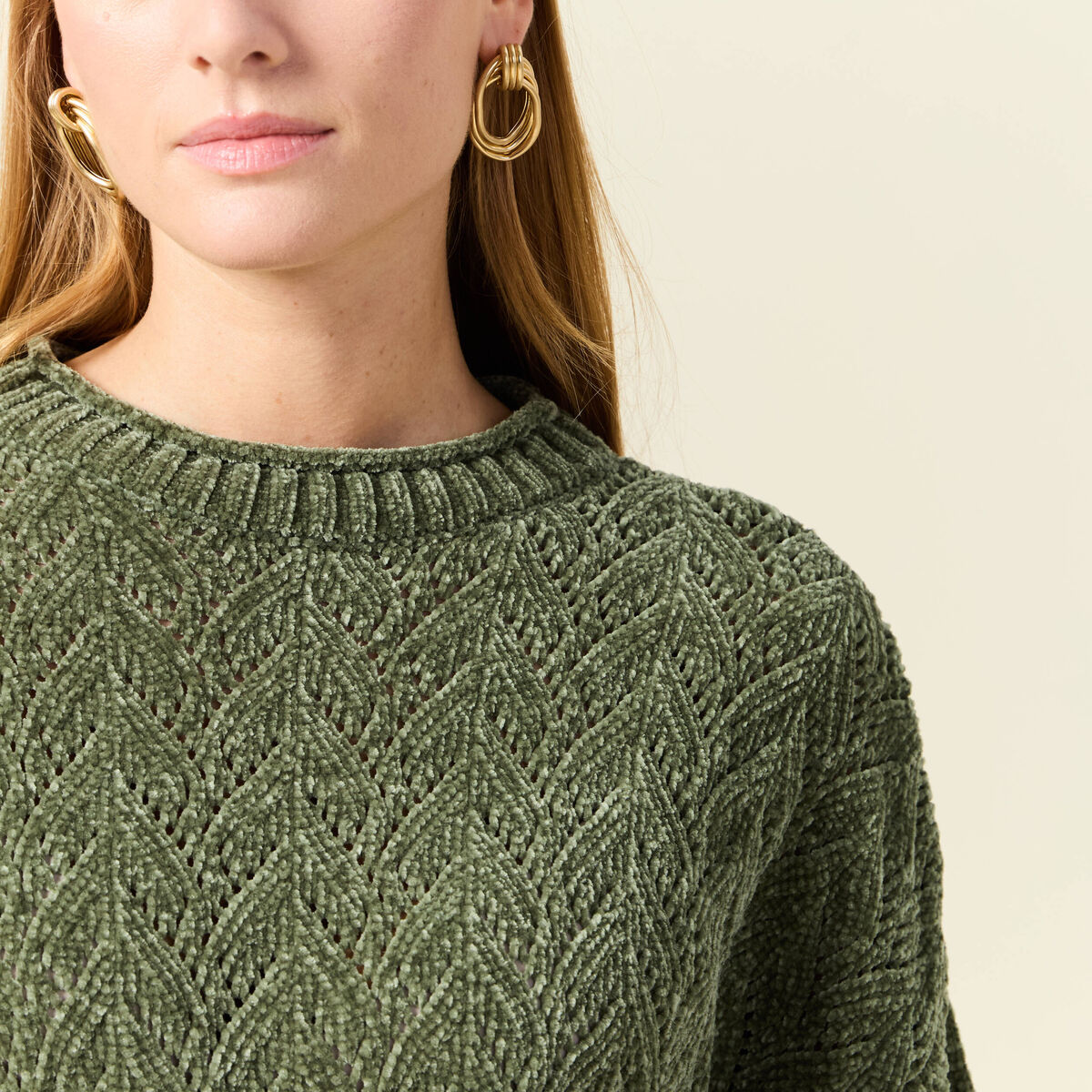 Pull manches longues ajouré vert kaki femme