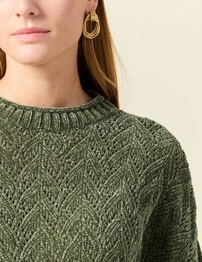 Pull manches longues ajouré vert kaki femme