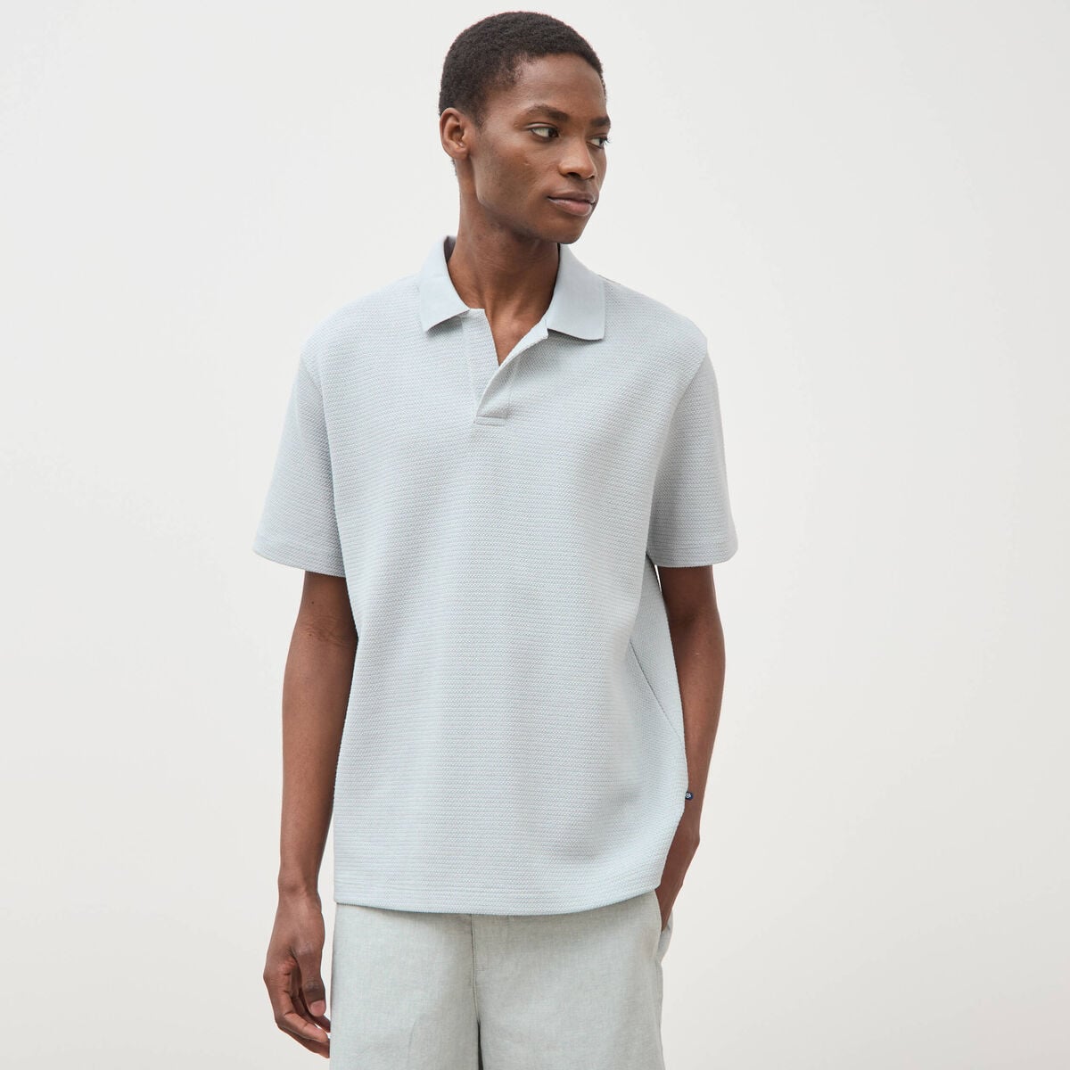 Polo manches courtes col cubain gris clair homme