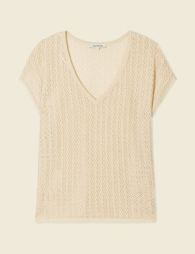Pull manches courtes ajouré creme femme