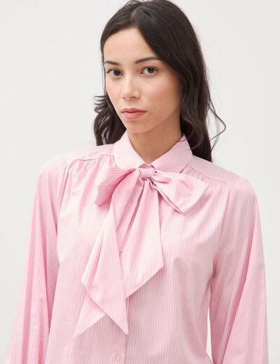 Chemise droite col noeud manches longues rose poudr&eacute;e femme