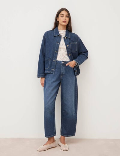 Jeans barrel 7/8&egrave;me taille standard denim brut clean femme