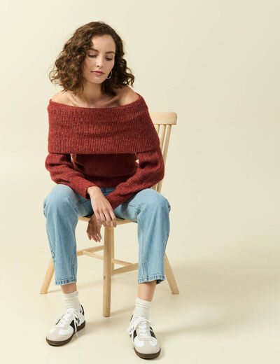 Pull manches longues col bardot vieux rose femme