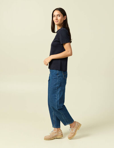 T-shirt cintr&eacute; col rond manches courtes bleu marine femme